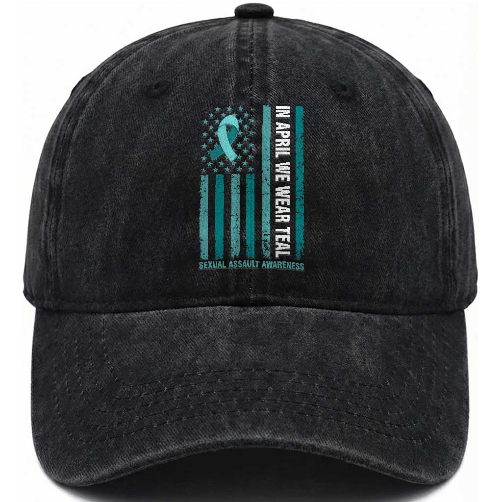 Sexual Assault Awareness American Flag Washed Cotton Baseball Cap In April We Wear Teal Ribbon TS14 Washed Cap Universal Fit Black Print Your Wear