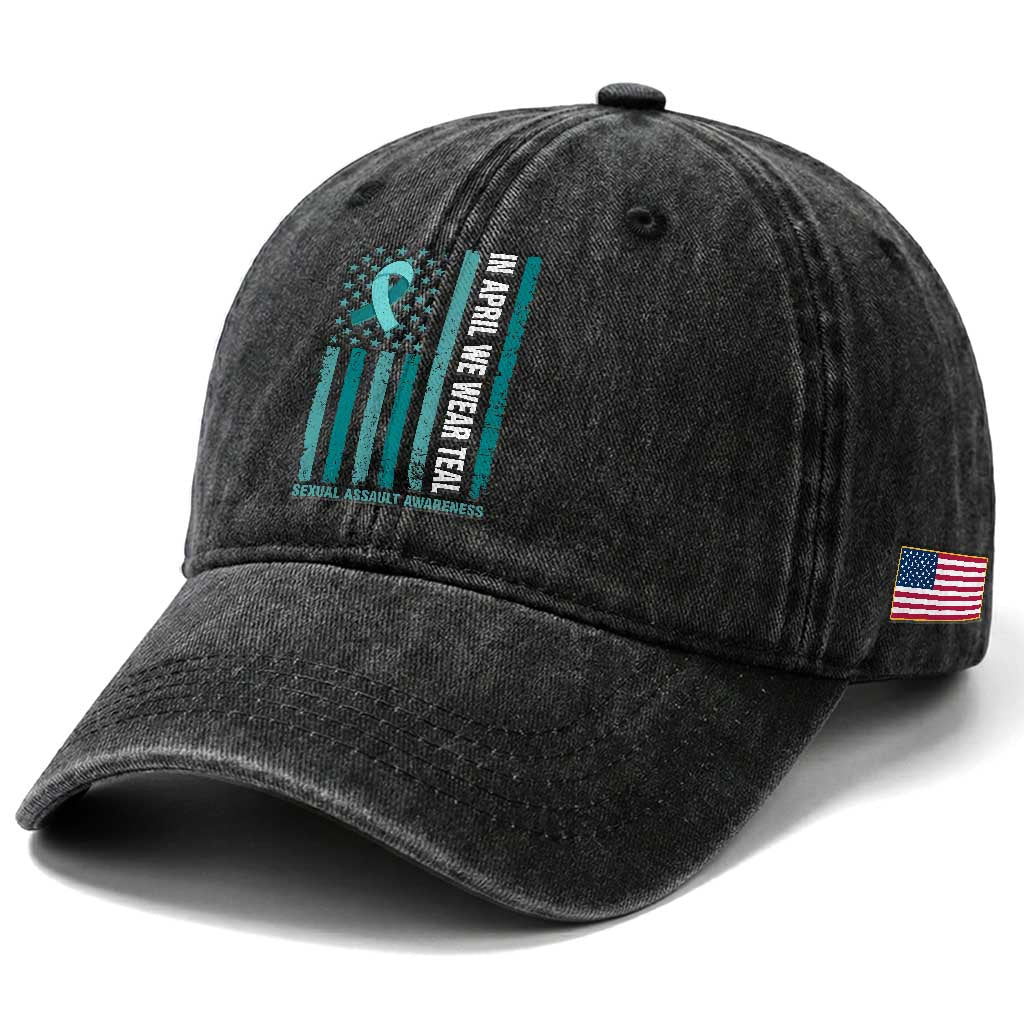 Sexual Assault Awareness American Flag Washed Cotton Baseball Cap In April We Wear Teal Ribbon TS14 Print Your Wear
