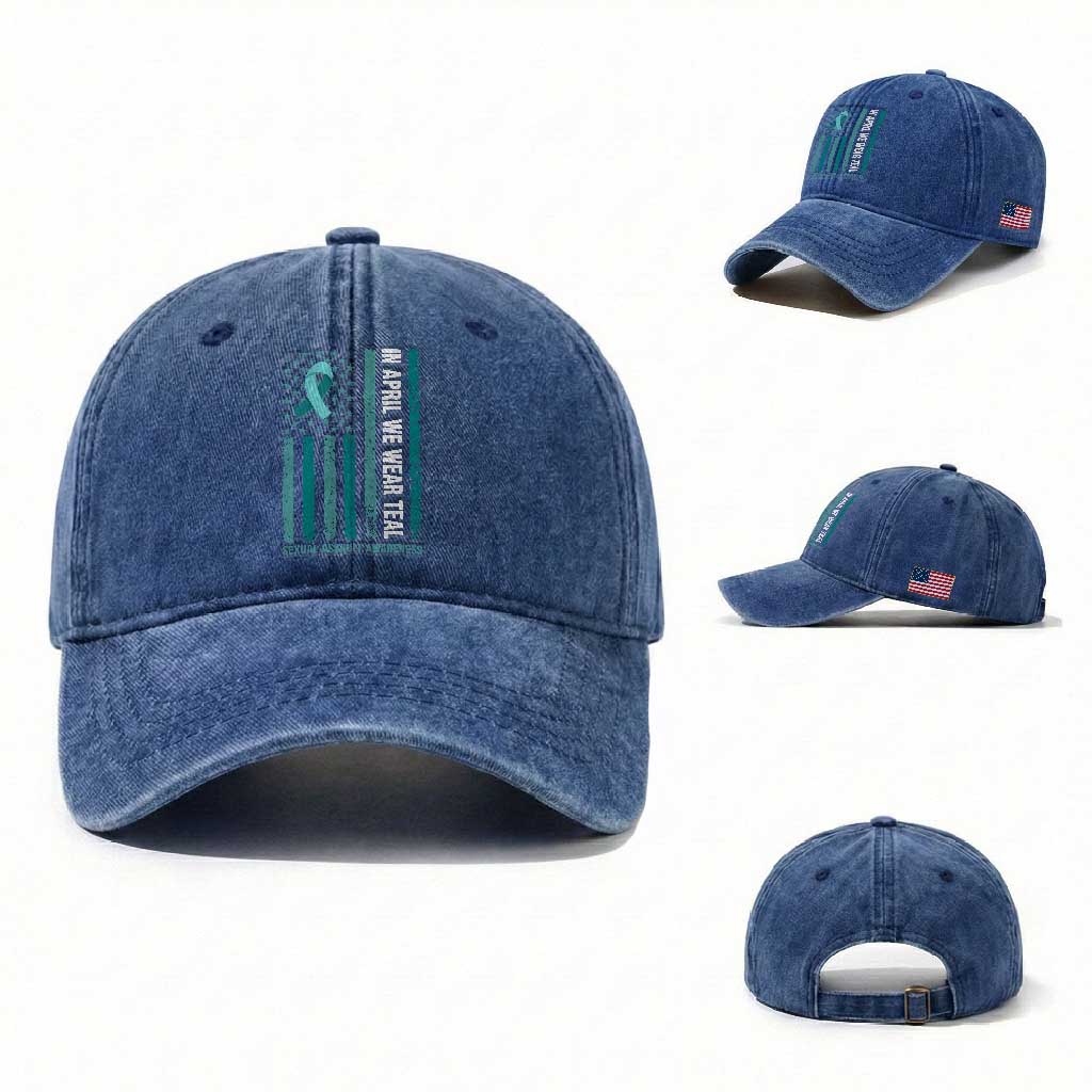 Sexual Assault Awareness American Flag Washed Cotton Baseball Cap In April We Wear Teal Ribbon TS14 Washed Cap Universal Fit Royal Blue Print Your Wear