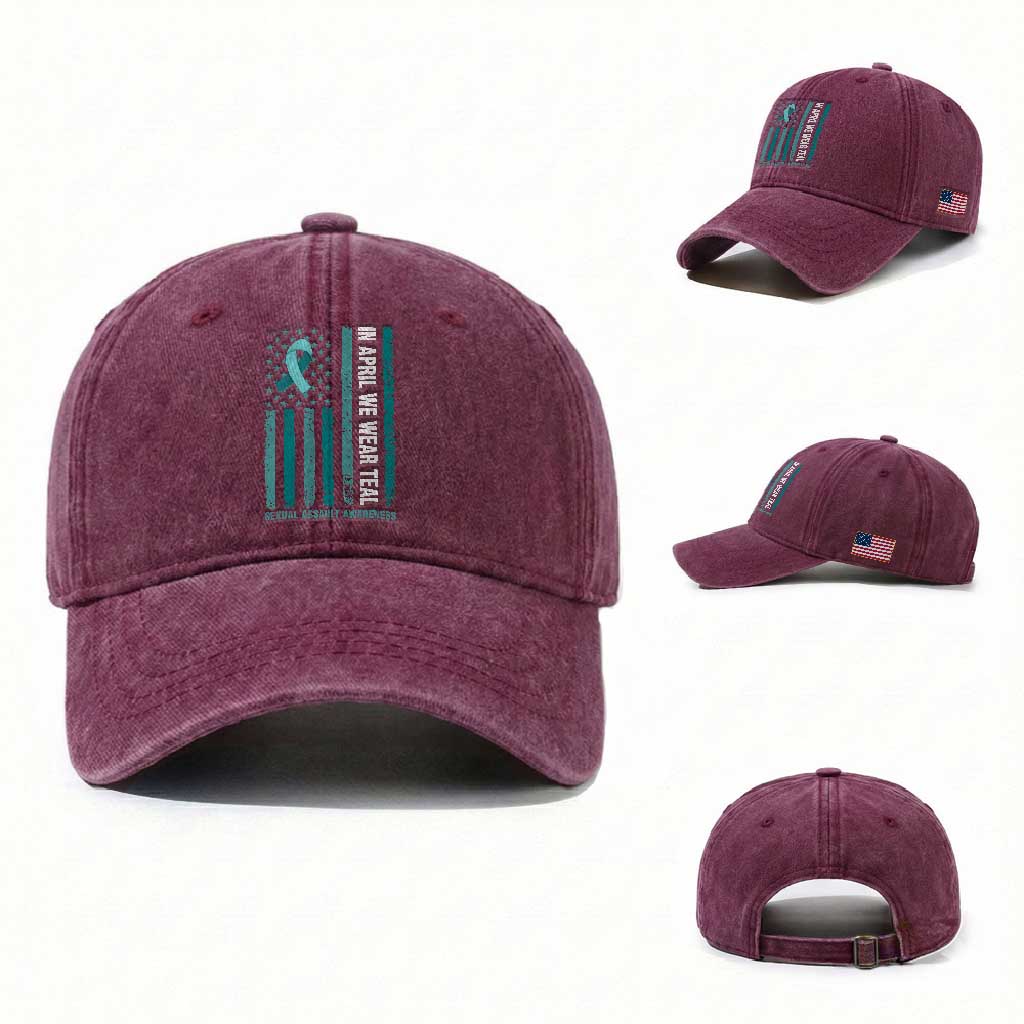 Sexual Assault Awareness American Flag Washed Cotton Baseball Cap In April We Wear Teal Ribbon TS14 Washed Cap Universal Fit Burgundy Print Your Wear