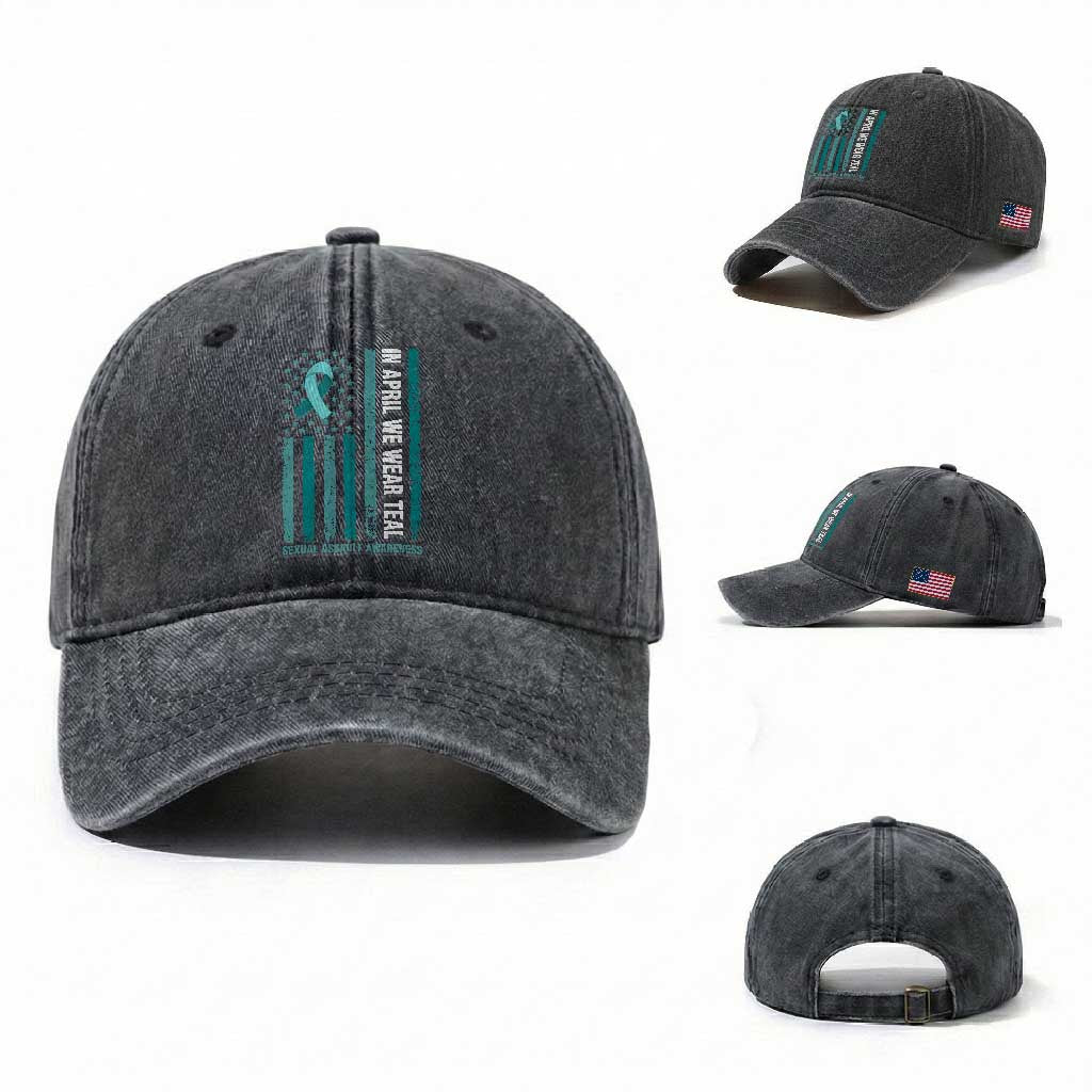 Sexual Assault Awareness American Flag Washed Cotton Baseball Cap In April We Wear Teal Ribbon TS14 Washed Cap Universal Fit Dark Gray Print Your Wear