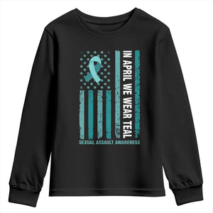 Sexual Assault Awareness American Flag Youth Sweatshirt In April We Wear Teal Ribbon TS14 Black Print Your Wear