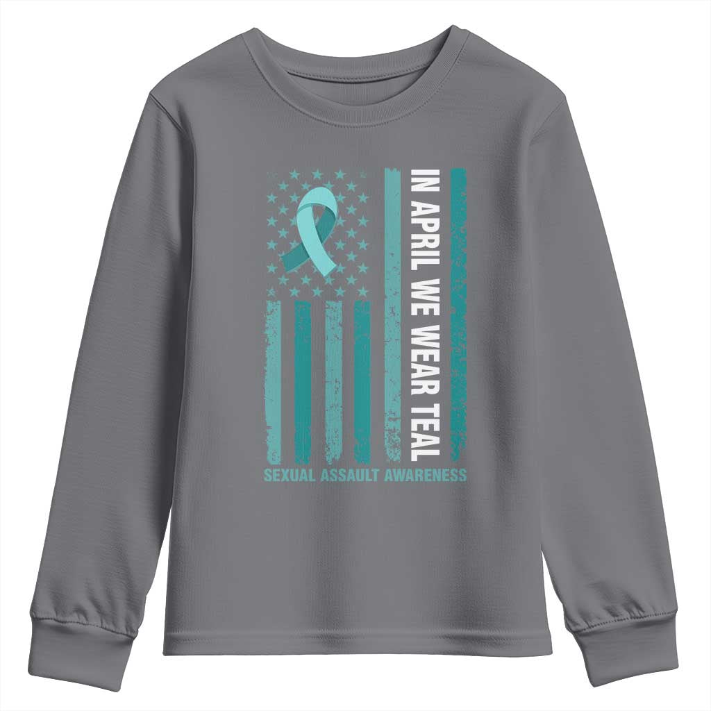 Sexual Assault Awareness American Flag Youth Sweatshirt In April We Wear Teal Ribbon TS14 Charcoal Print Your Wear