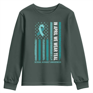 Sexual Assault Awareness American Flag Youth Sweatshirt In April We Wear Teal Ribbon TS14 Dark Forest Green Print Your Wear