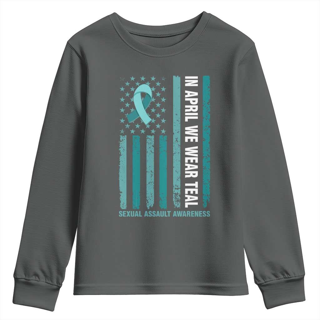 Sexual Assault Awareness American Flag Youth Sweatshirt In April We Wear Teal Ribbon TS14 Dark Heather Print Your Wear