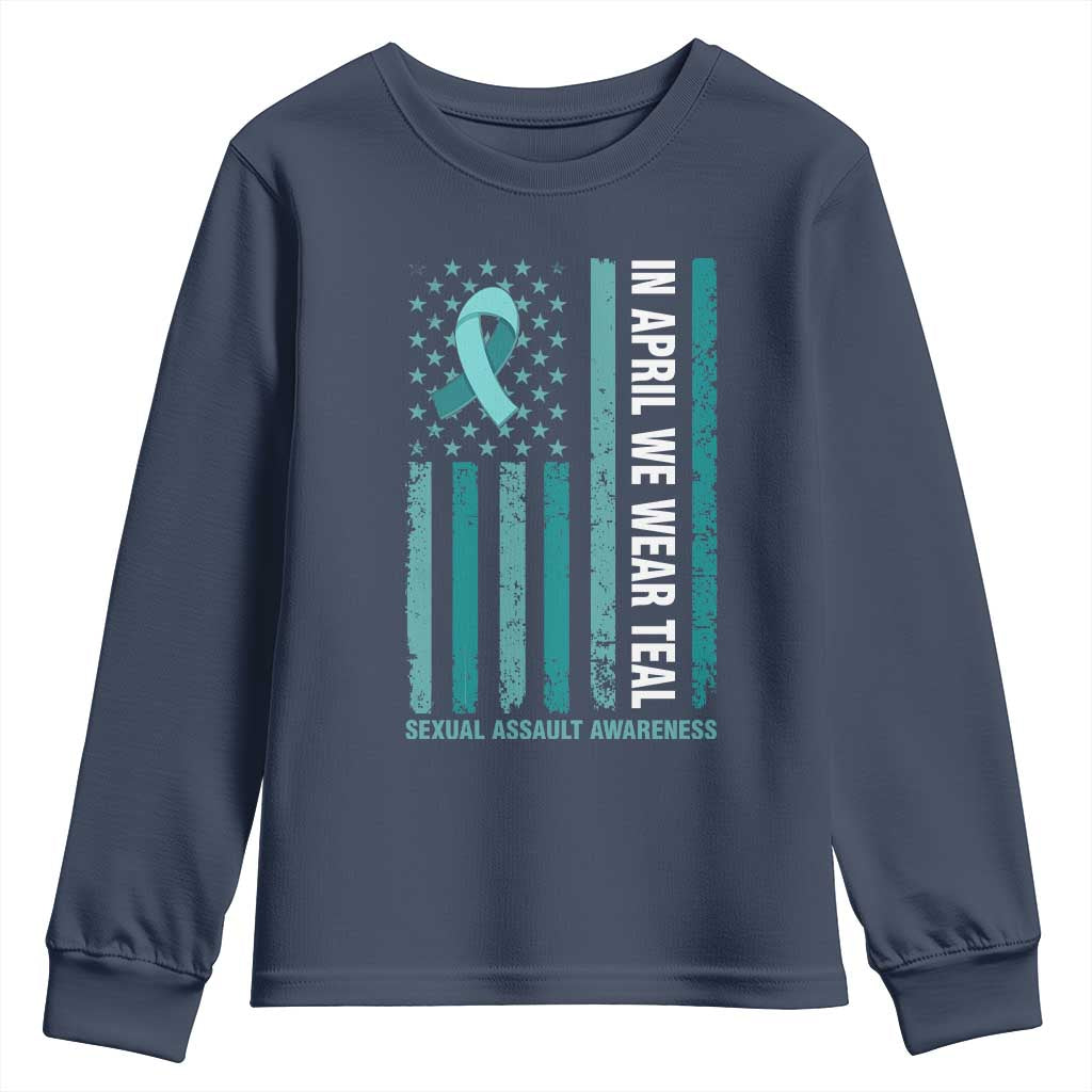 Sexual Assault Awareness American Flag Youth Sweatshirt In April We Wear Teal Ribbon TS14 Navy Print Your Wear