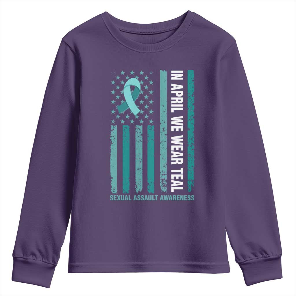 Sexual Assault Awareness American Flag Youth Sweatshirt In April We Wear Teal Ribbon TS14 Purple Print Your Wear