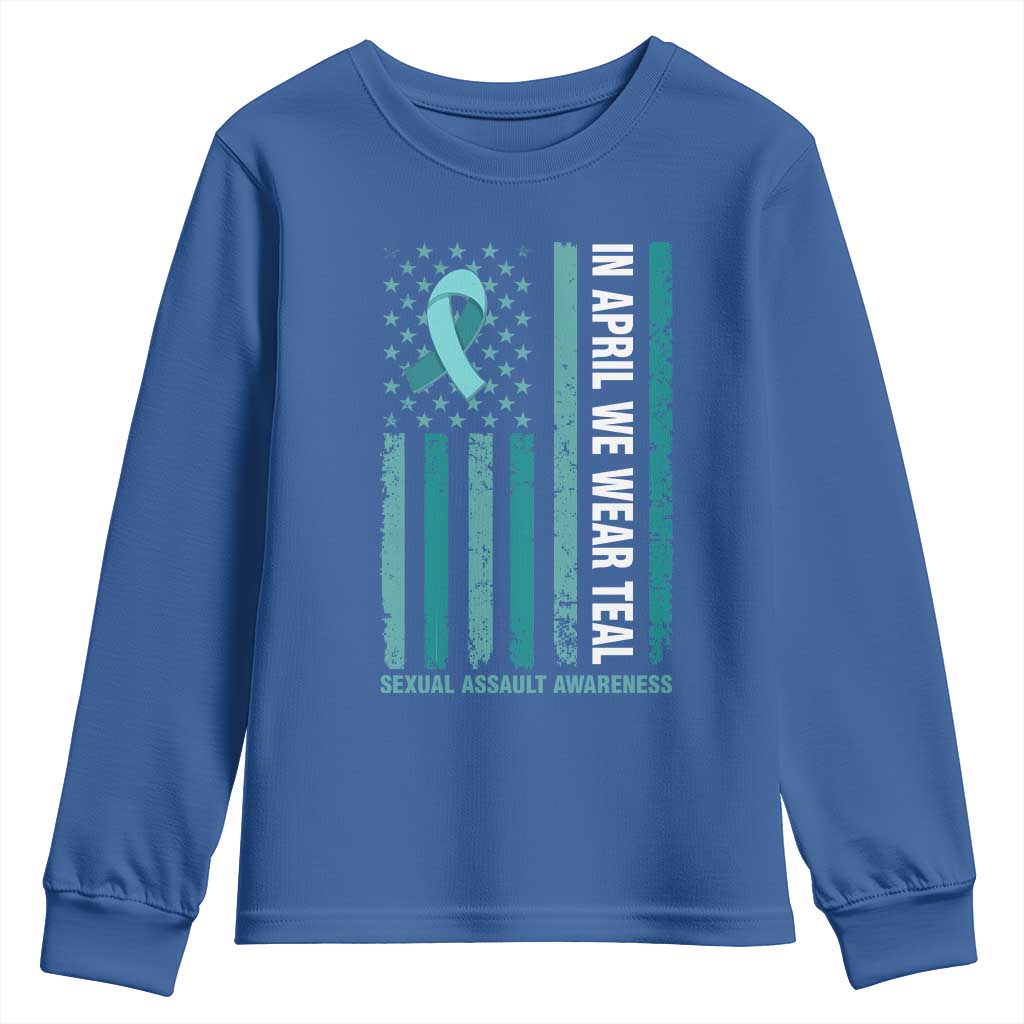 Sexual Assault Awareness American Flag Youth Sweatshirt In April We Wear Teal Ribbon TS14 Royal Blue Print Your Wear
