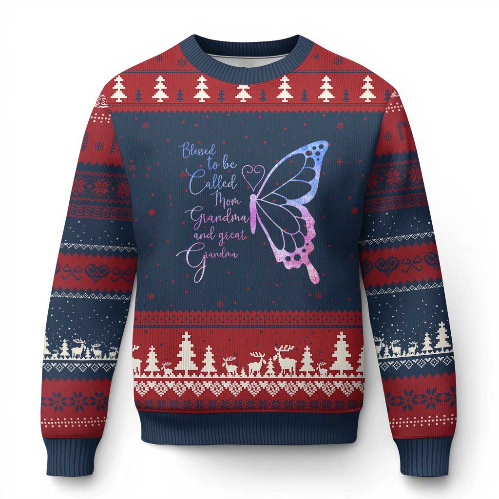Blessed to Be Called Mom Grandma Great Grandma Ugly Christmas Sweater Mama Butterfly Mother's Day Gift TS14 Navy Red Print Your Wear