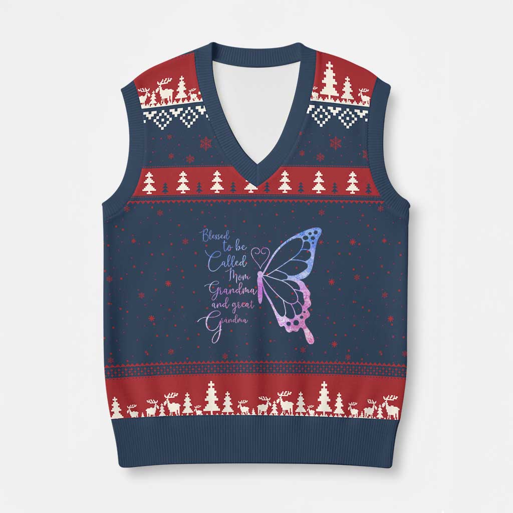 Blessed to Be Called Mom Grandma Great Grandma V-Neck Knit Sweater Vest Mama Butterfly Mother's Day Gift TS14 Navy Red Print Your Wear