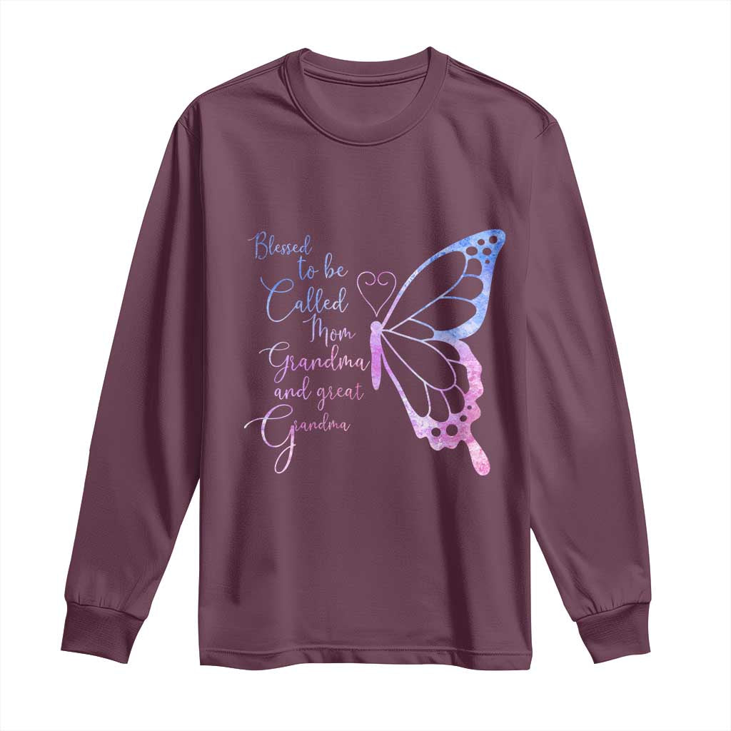 Blessed to Be Called Mom Grandma Great Grandma Long Sleeve Shirt Mama Butterfly Mother's Day Gift TS14 Maroon Print Your Wear