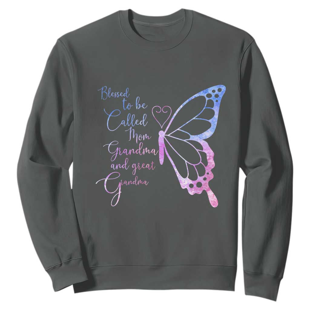 Blessed to Be Called Mom Grandma Great Grandma Sweatshirt Mama Butterfly Mother's Day Gift TS14 Dark Heather Print Your Wear