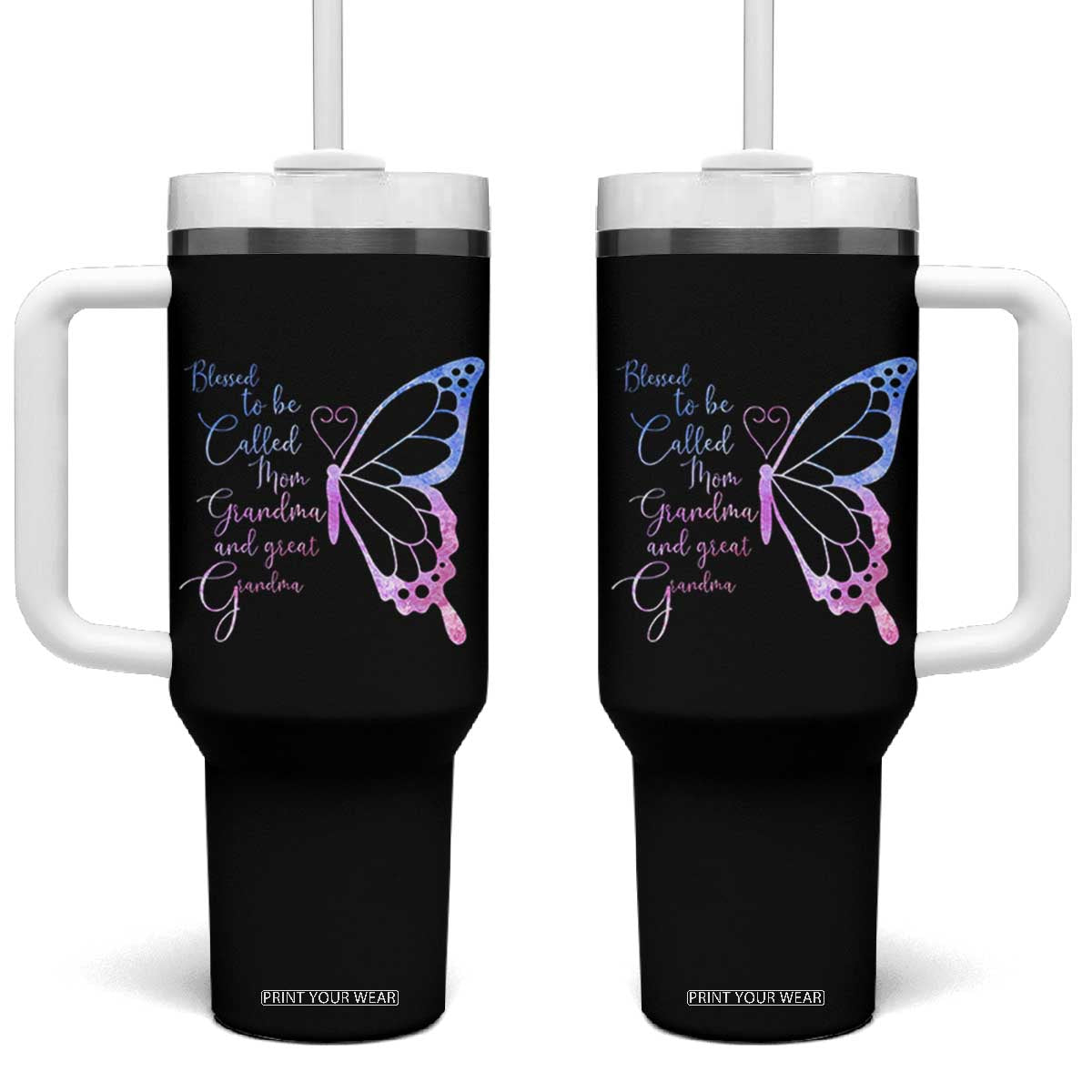 Blessed to Be Called Mom Grandma Great Grandma Tumbler With Handle Mama Butterfly Mother's Day Gift TS14 One Size: 40 oz Black Print Your Wear