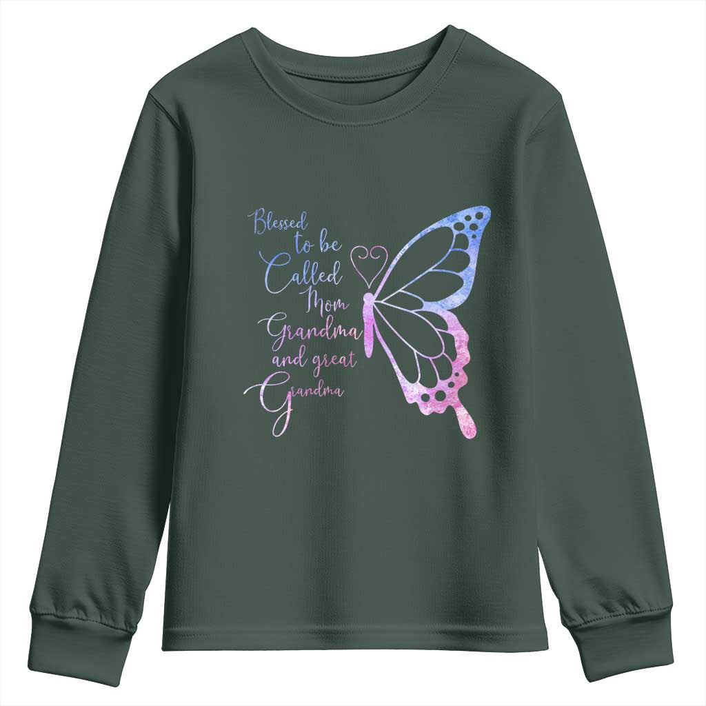 Blessed to Be Called Mom Grandma Great Grandma Youth Sweatshirt Mama Butterfly Mother's Day Gift TS14 Dark Forest Green Print Your Wear