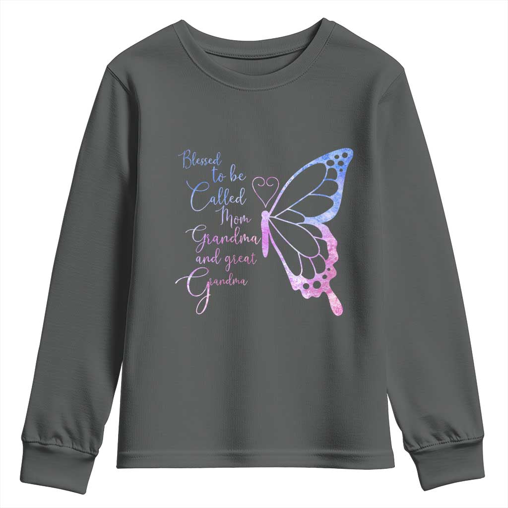 Blessed to Be Called Mom Grandma Great Grandma Youth Sweatshirt Mama Butterfly Mother's Day Gift TS14 Dark Heather Print Your Wear