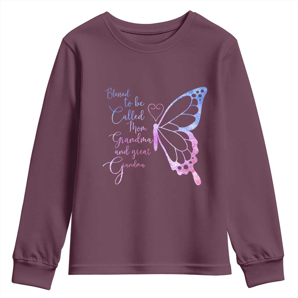 Blessed to Be Called Mom Grandma Great Grandma Youth Sweatshirt Mama Butterfly Mother's Day Gift TS14 Maroon Print Your Wear