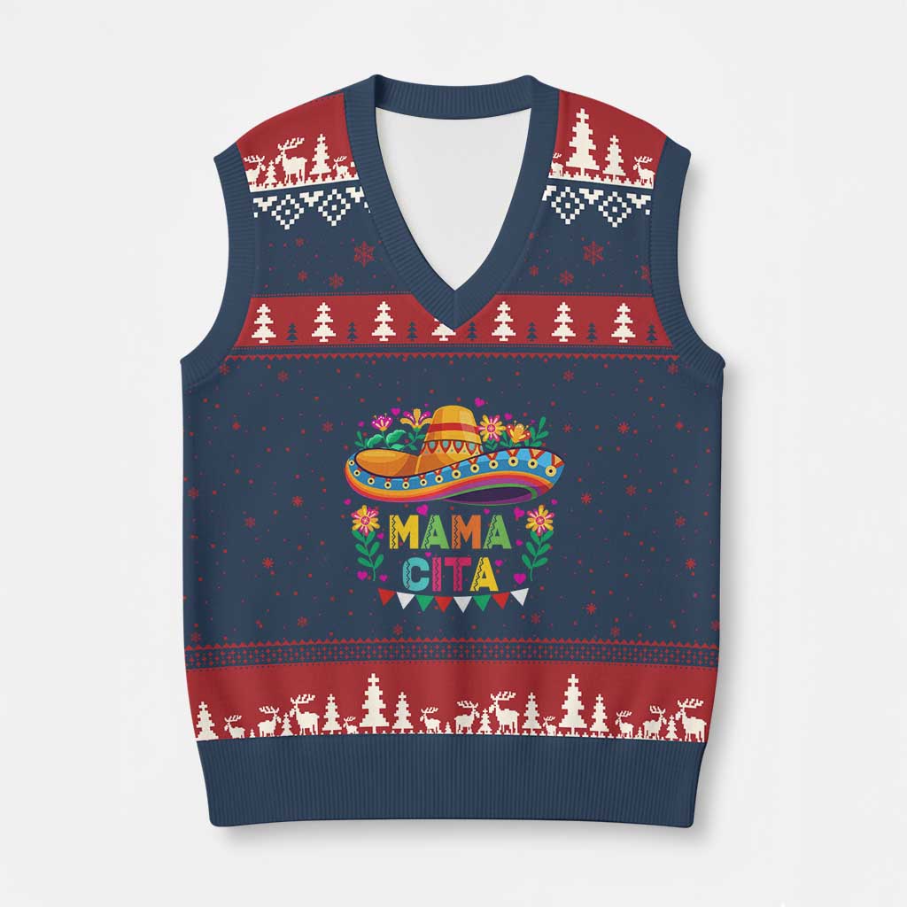Mama Cita V-Neck Knit Sweater Vest Cinco De Mayo Mexican Mom Flower Sombrero TS14 Navy Red Print Your Wear