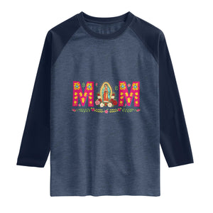 Virgen de Guadalupe Raglan Shirt Mexican Heritage Mom Mother’s Day Gift TS14 Heather Denim Navy Print Your Wear
