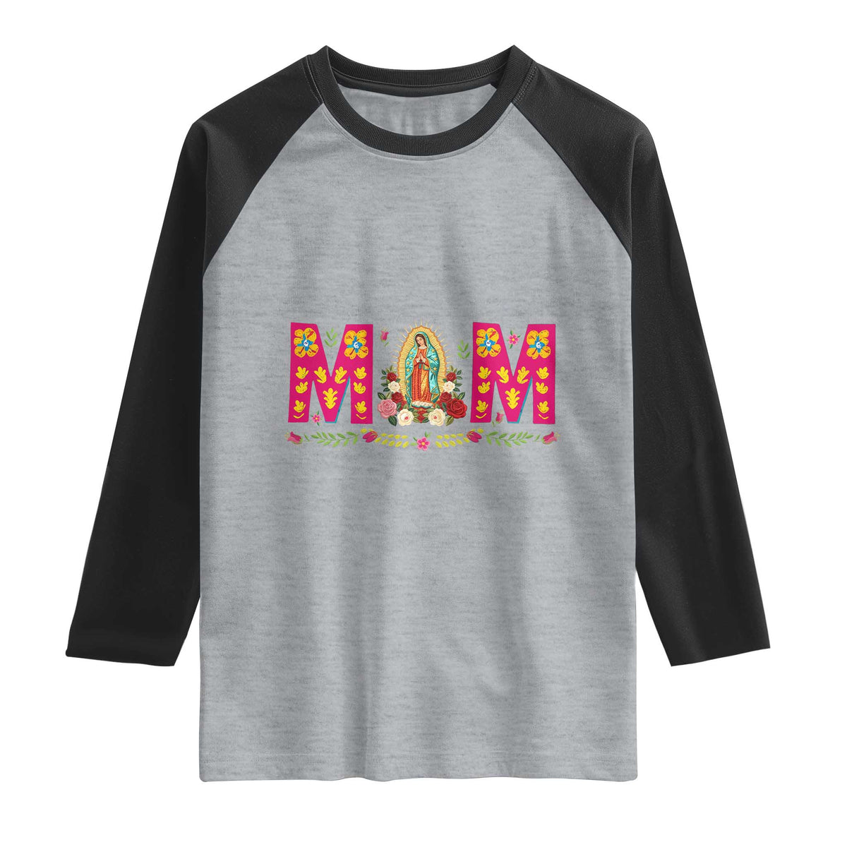 Virgen de Guadalupe Raglan Shirt Mexican Heritage Mom Mother’s Day Gift TS14 Heather Gray Black Print Your Wear