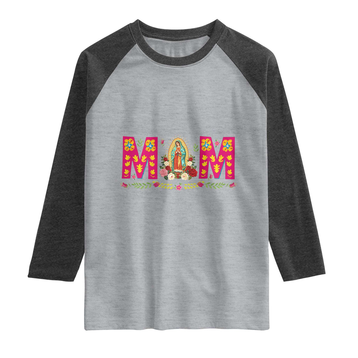 Virgen de Guadalupe Raglan Shirt Mexican Heritage Mom Mother’s Day Gift TS14 Heather Gray Heather Charcoal Print Your Wear