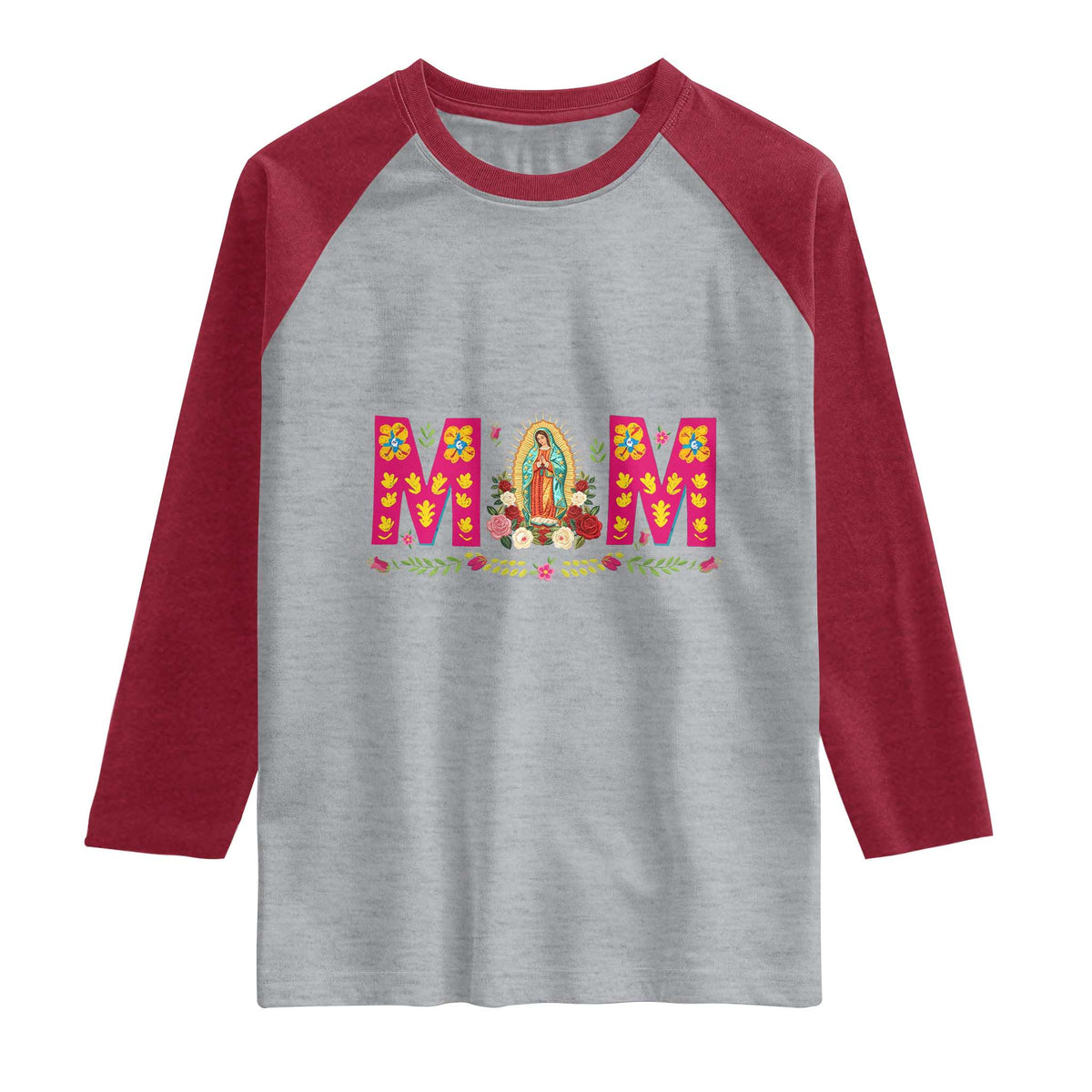 Virgen de Guadalupe Raglan Shirt Mexican Heritage Mom Mother’s Day Gift TS14 Heather Gray Heather Red Print Your Wear