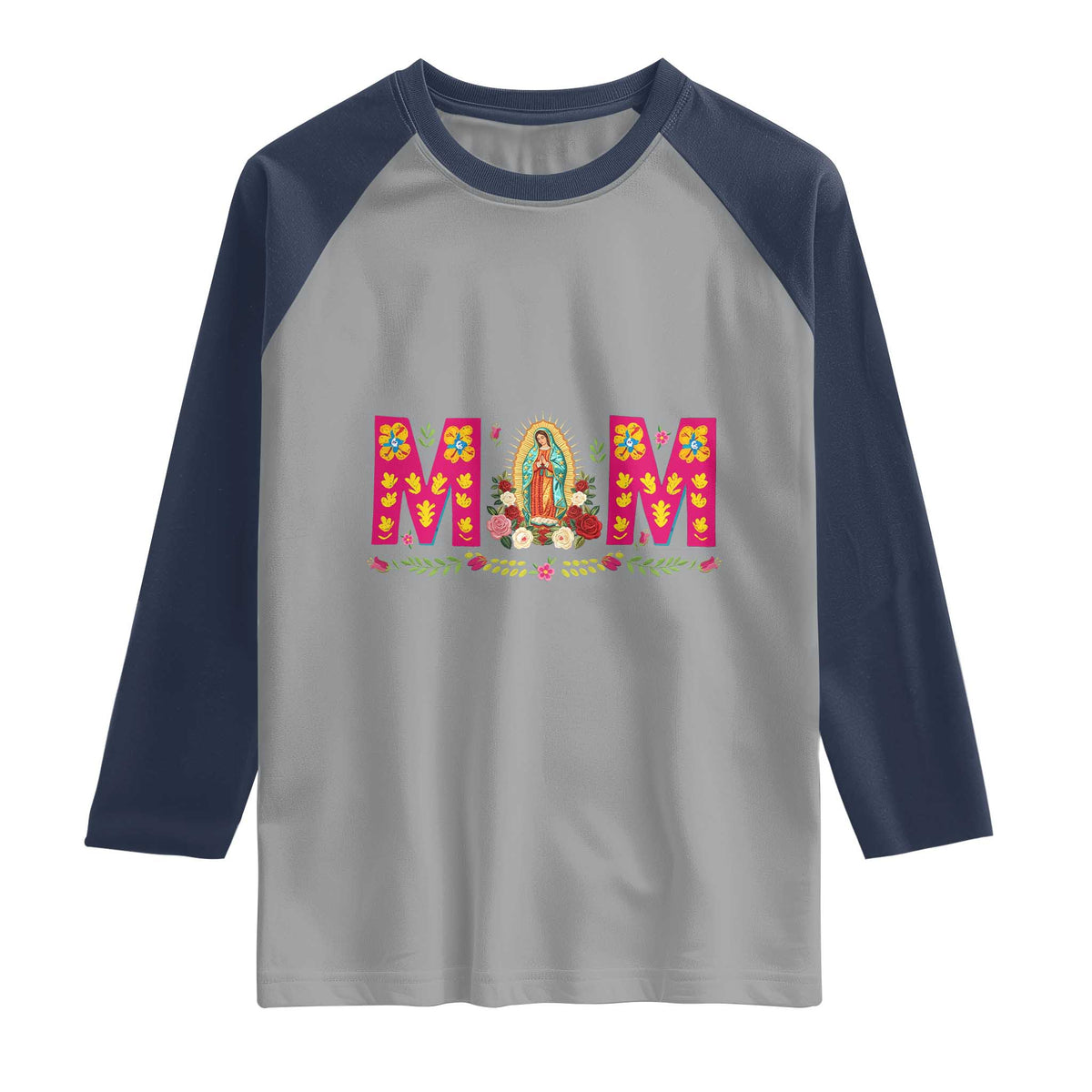 Virgen de Guadalupe Raglan Shirt Mexican Heritage Mom Mother’s Day Gift TS14 Sport Gray Navy Print Your Wear