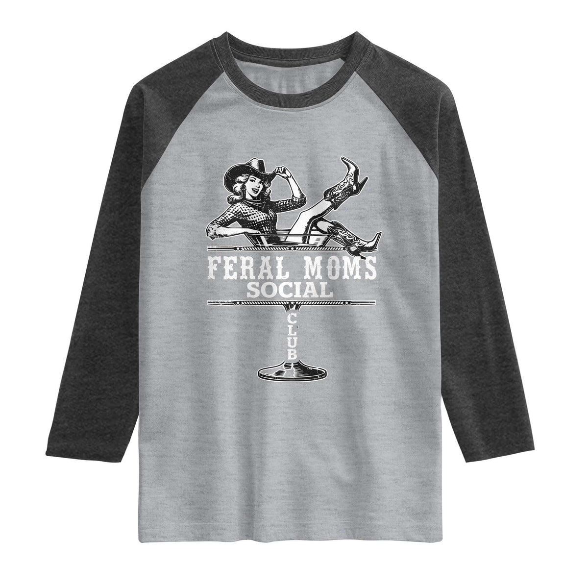 Feral Moms Social Club Raglan Shirt Western Cowgirl Mom Mother’s Day Gift TS14 Heather Gray Heather Charcoal Print Your Wear