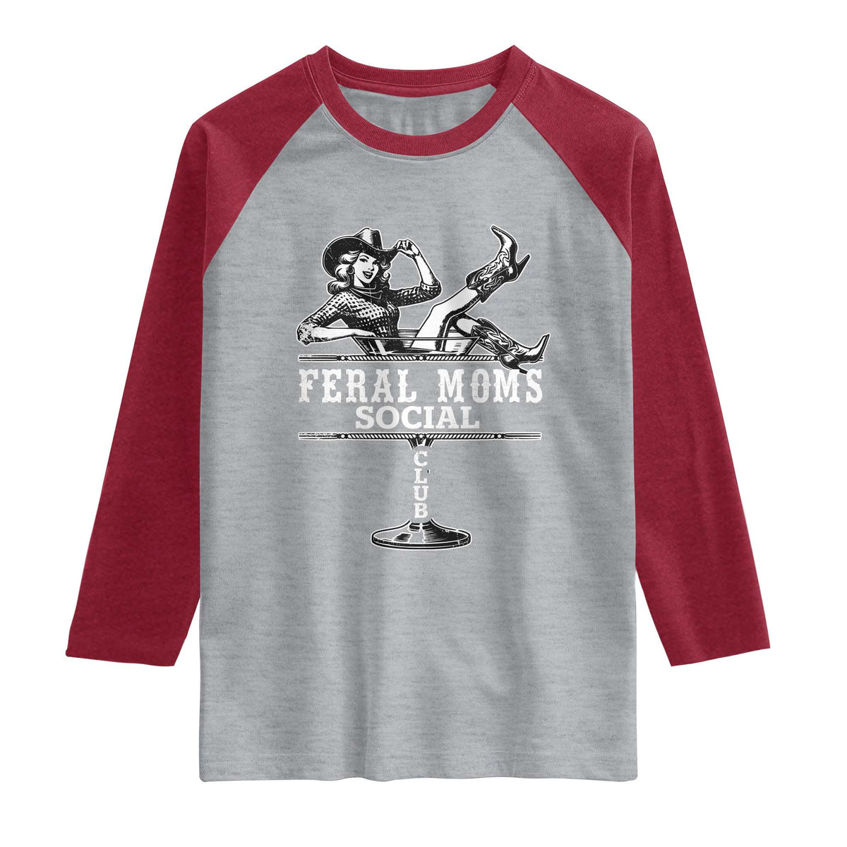 Feral Moms Social Club Raglan Shirt Western Cowgirl Mom Mother’s Day Gift TS14 Heather Gray Heather Red Print Your Wear