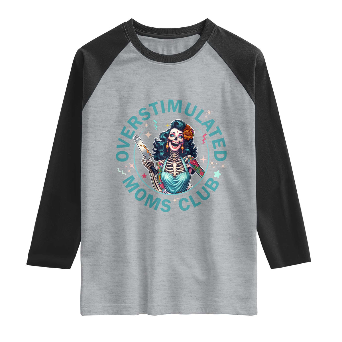 Overstimulated Moms Club Raglan Shirt Neurodivergent Mom Mental Health TS14 Heather Gray Black Print Your Wear