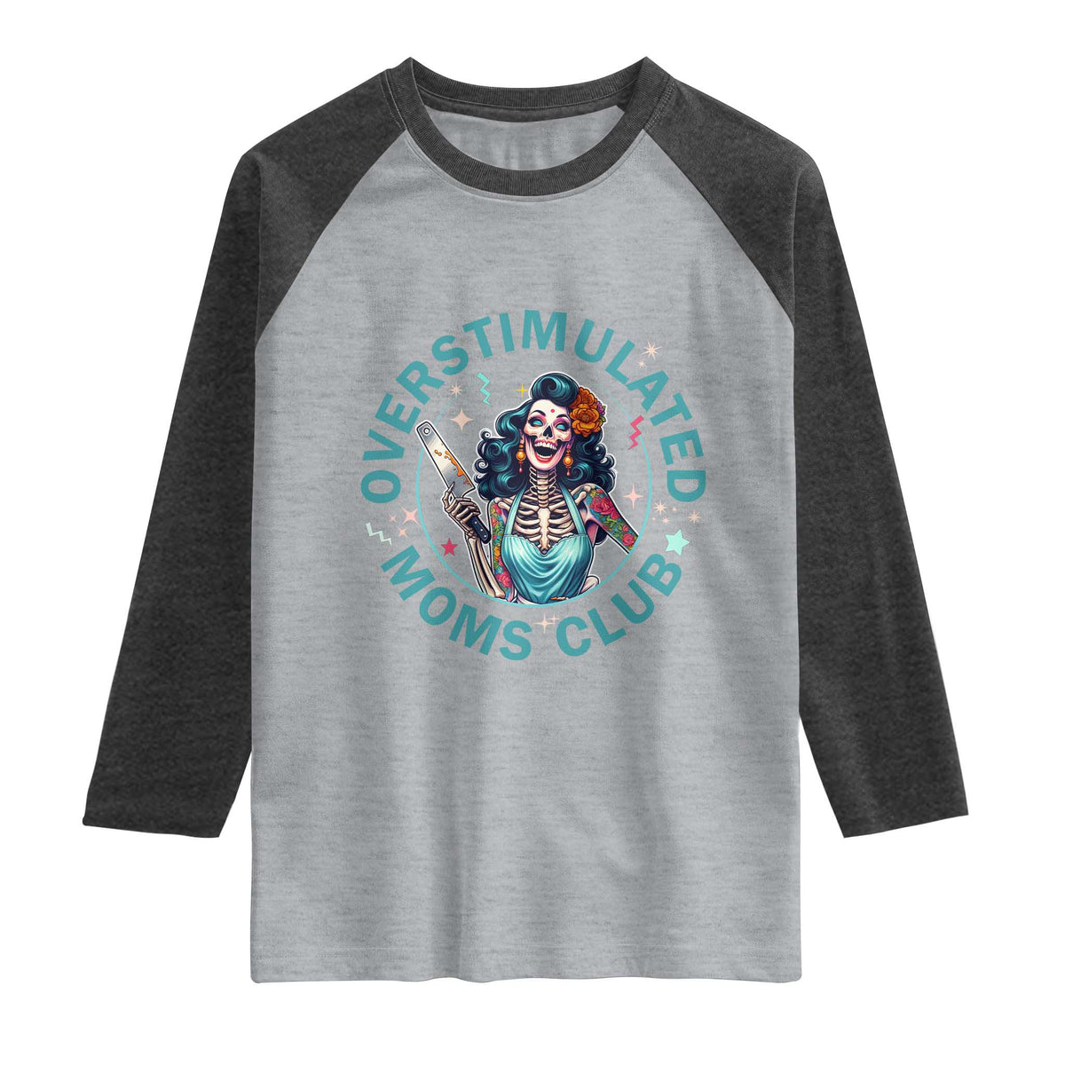 Overstimulated Moms Club Raglan Shirt Neurodivergent Mom Mental Health TS14 Heather Gray Heather Charcoal Print Your Wear