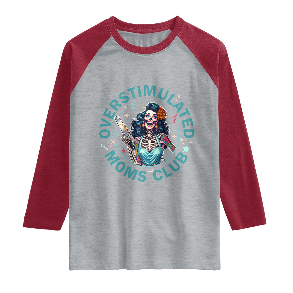 Overstimulated Moms Club Raglan Shirt Neurodivergent Mom Mental Health TS14 Heather Gray Heather Red Print Your Wear