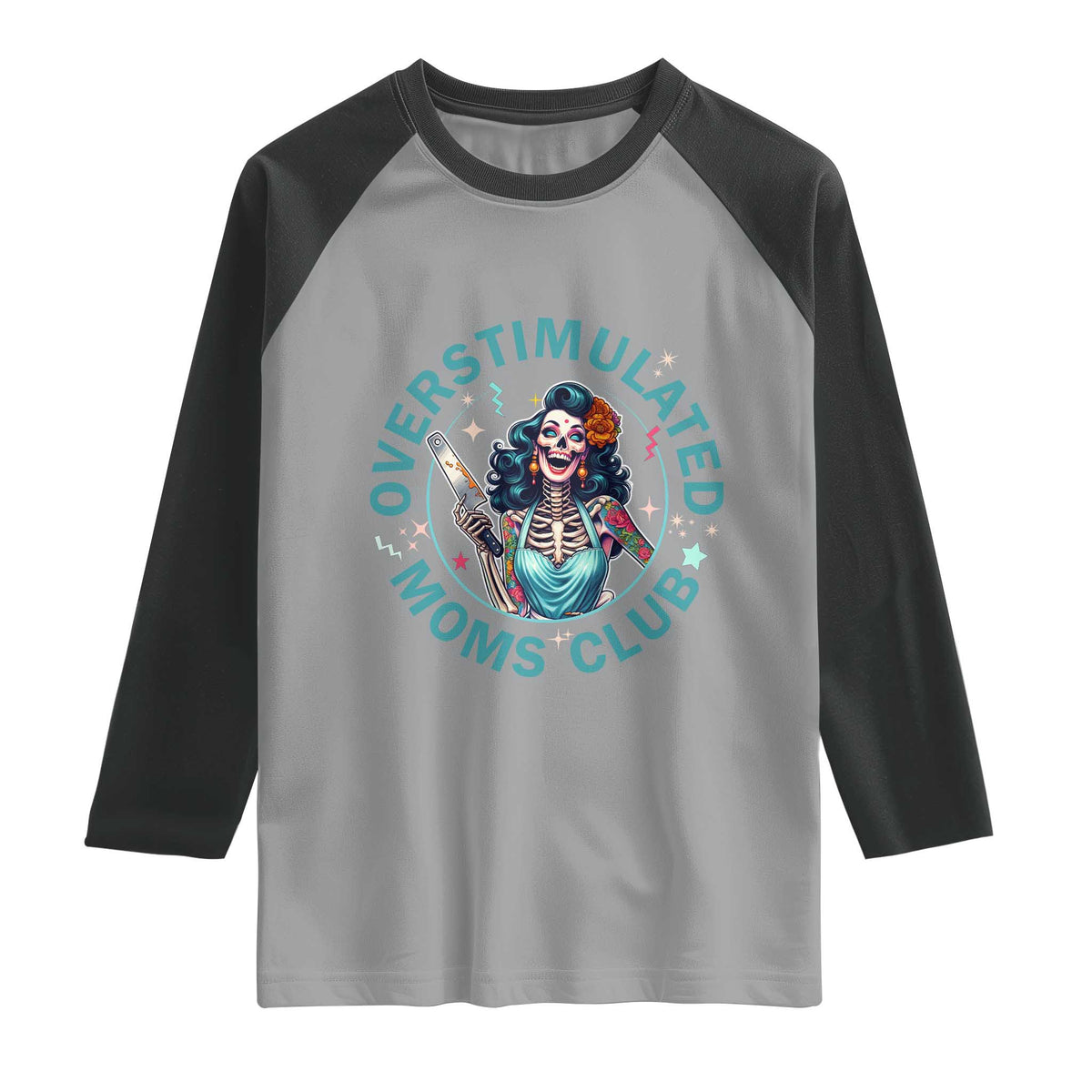 Overstimulated Moms Club Raglan Shirt Neurodivergent Mom Mental Health TS14 Sport Gray Black Print Your Wear
