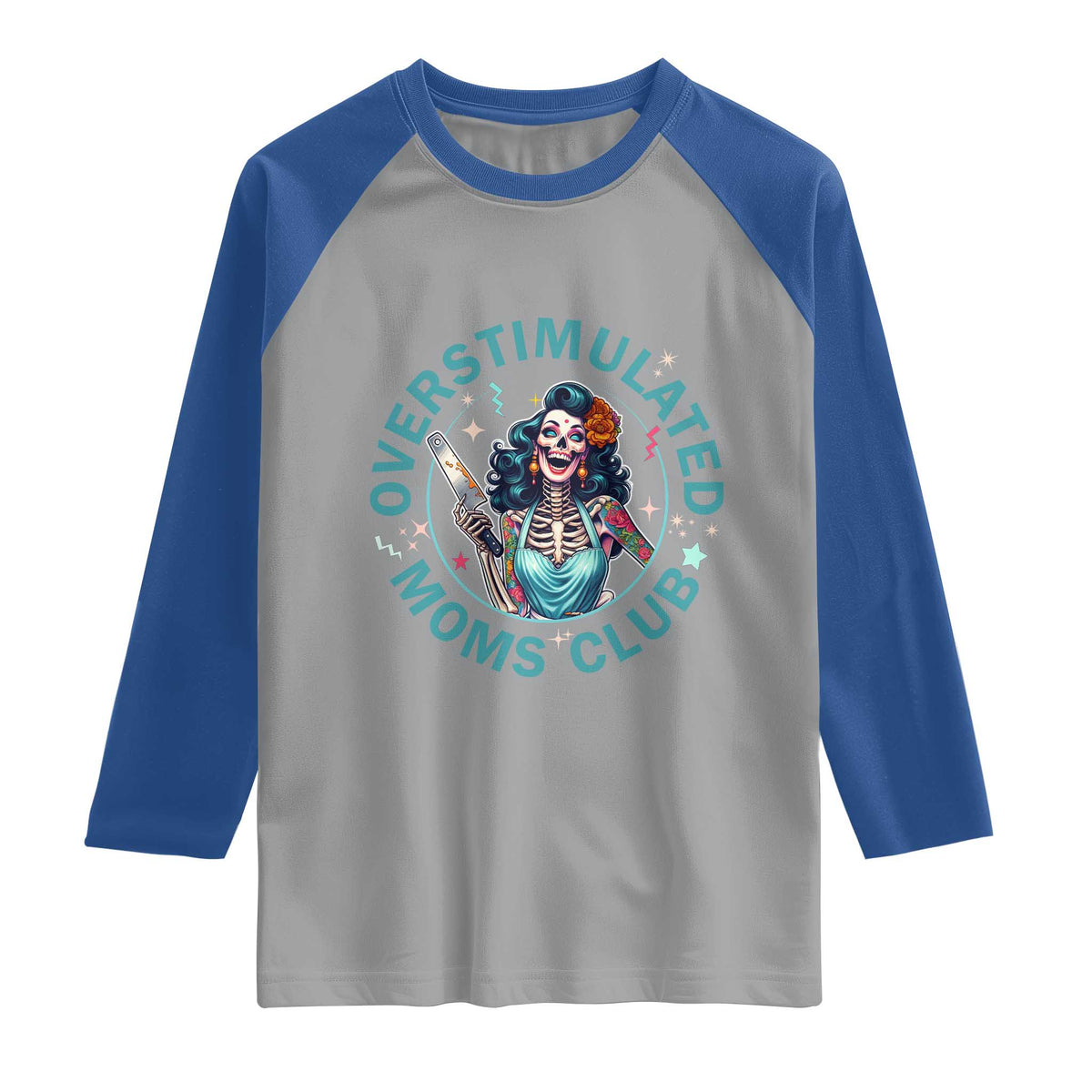 Overstimulated Moms Club Raglan Shirt Neurodivergent Mom Mental Health TS14 Sport Gray Royal Print Your Wear