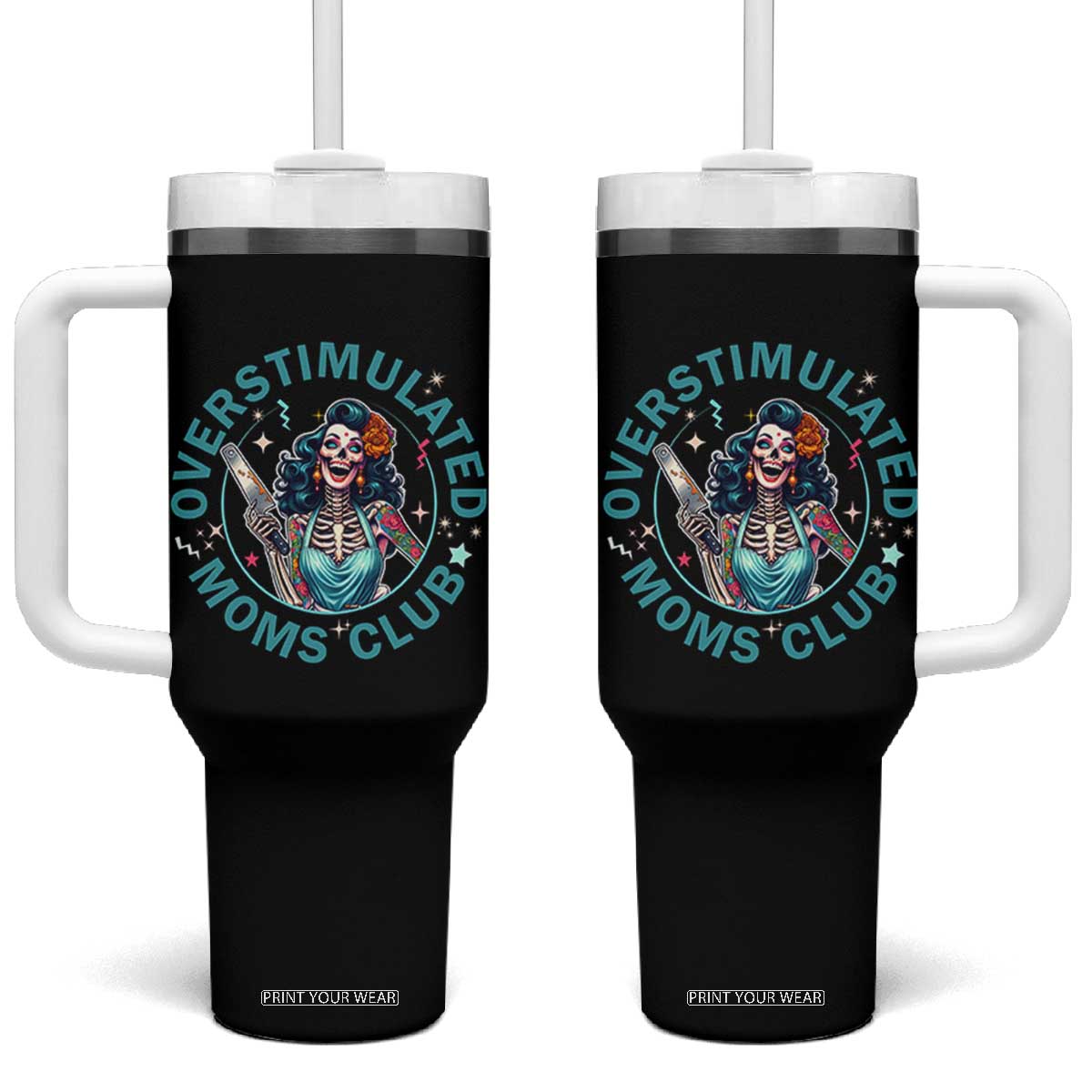 Overstimulated Moms Club Tumbler With Handle Neurodivergent Mom Mental Health TS14 One Size: 40 oz Black Print Your Wear