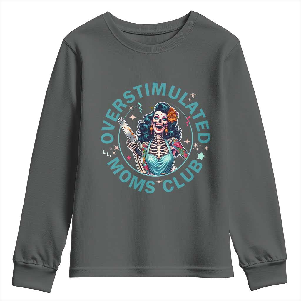 Overstimulated Moms Club Youth Sweatshirt Neurodivergent Mom Mental Health TS14 Dark Heather Print Your Wear