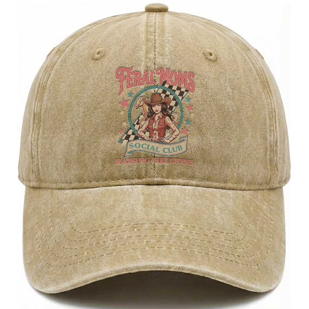 Feral Moms Social Club Washed Cotton Baseball Cap Western Cowgirl Mom Mother’s Day TS14 Print Your Wear