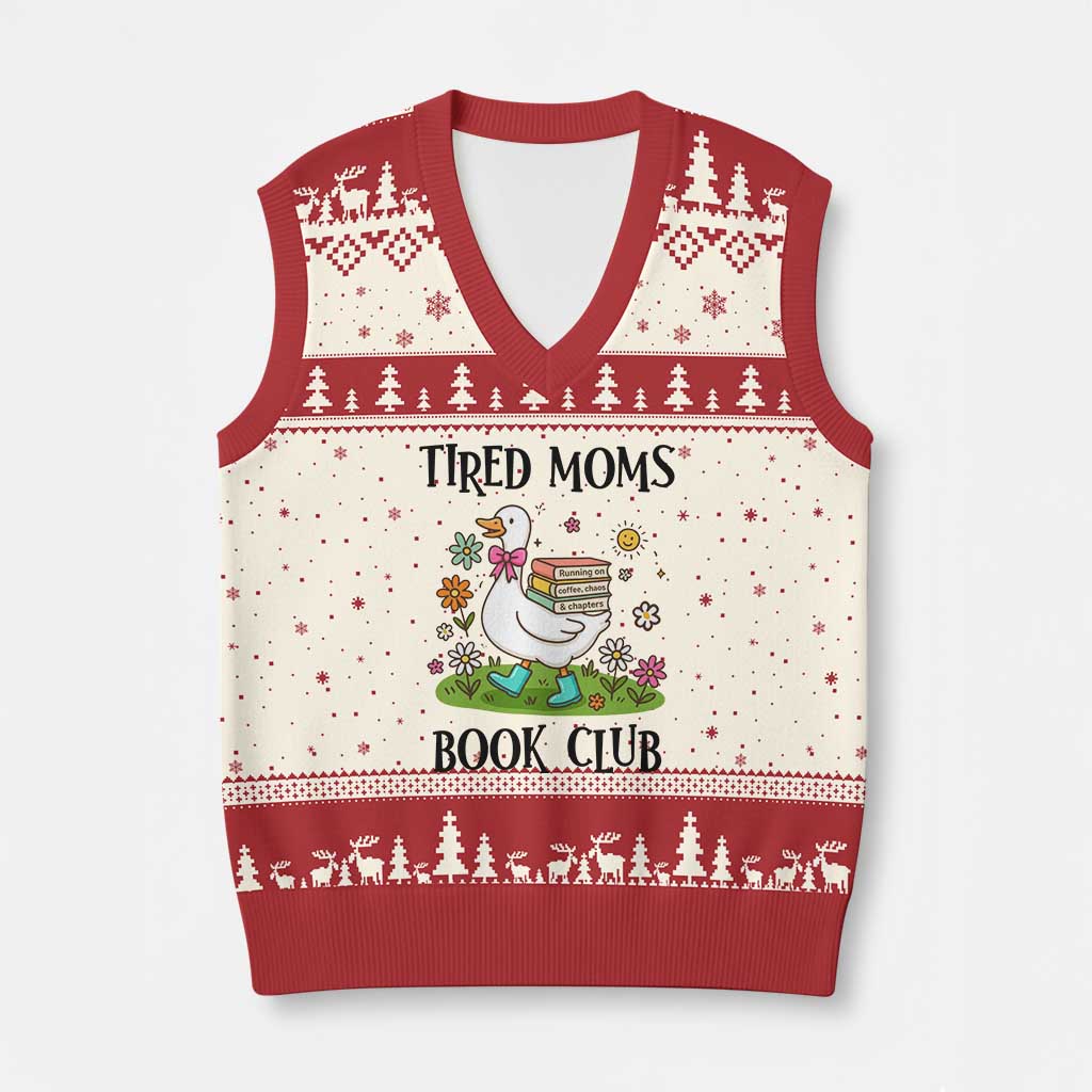 Tired Moms Book Club V-Neck Knit Sweater Vest Silly Goose Mama Bookish Reader Gift TS14 Beige Red Print Your Wear