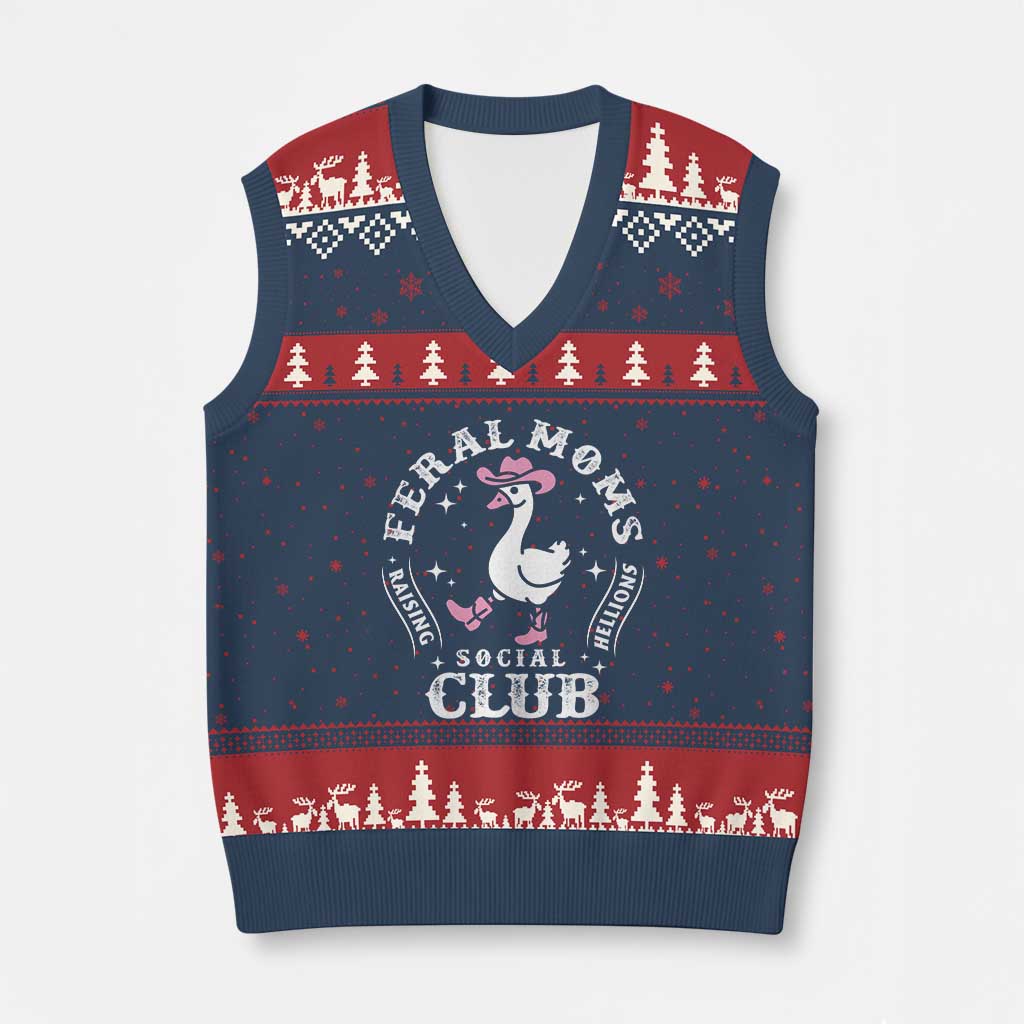Feral Moms Raising Hellions Social Club V-Neck Knit Sweater Vest Funny Goose Pink Cowgirl Boots Hat TS14 Navy Red Print Your Wear