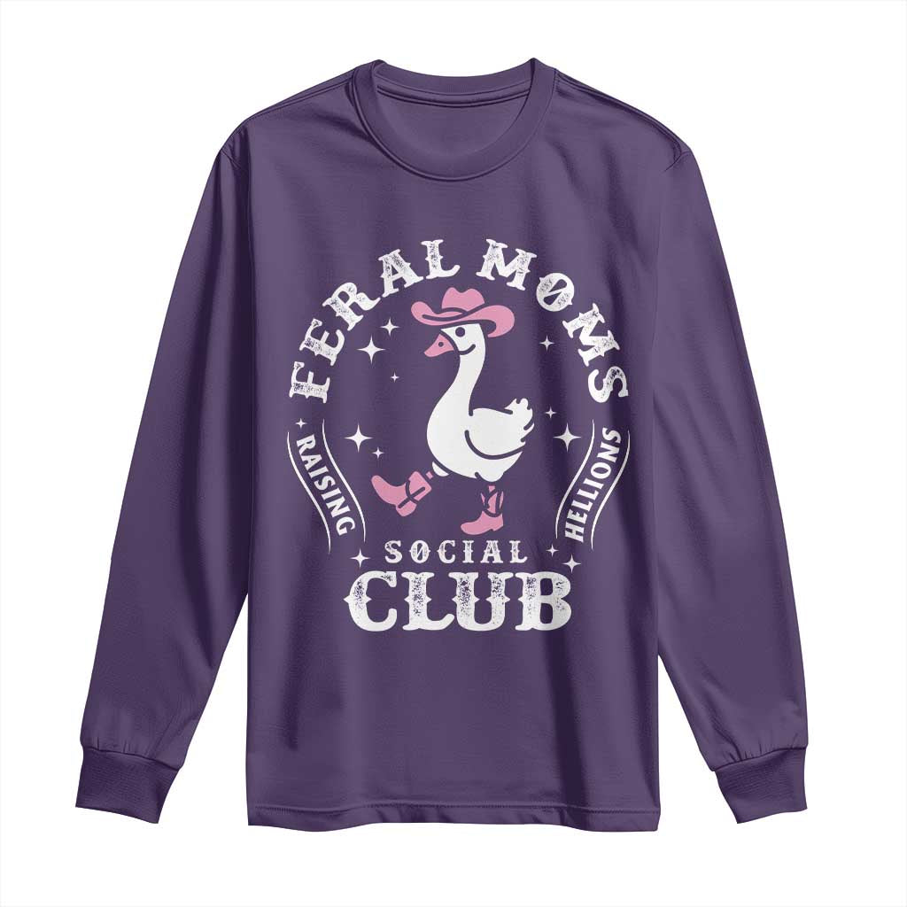 Feral Moms Raising Hellions Social Club Long Sleeve Shirt Funny Goose Pink Cowgirl Boots Hat TS14 Purple Print Your Wear