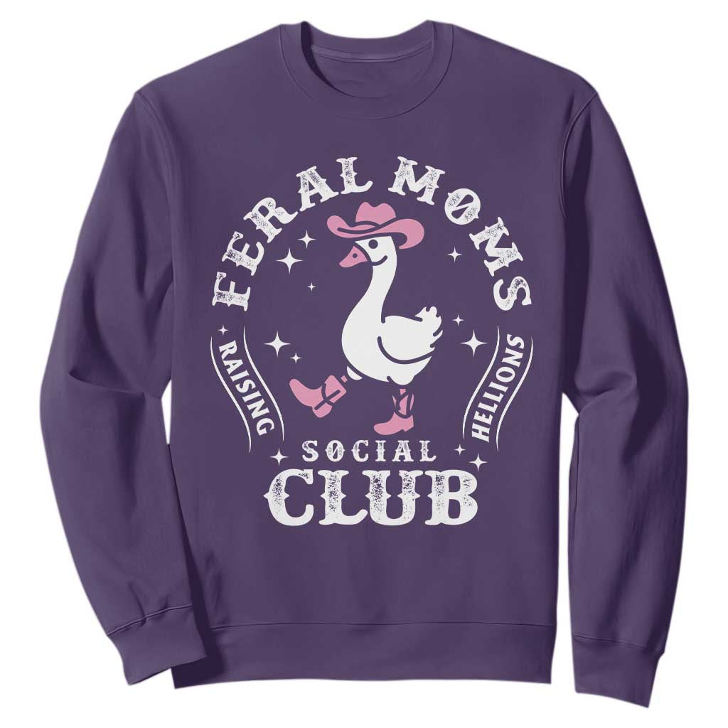 Feral Moms Raising Hellions Social Club Sweatshirt Funny Goose Pink Cowgirl Boots Hat TS14 Purple Print Your Wear