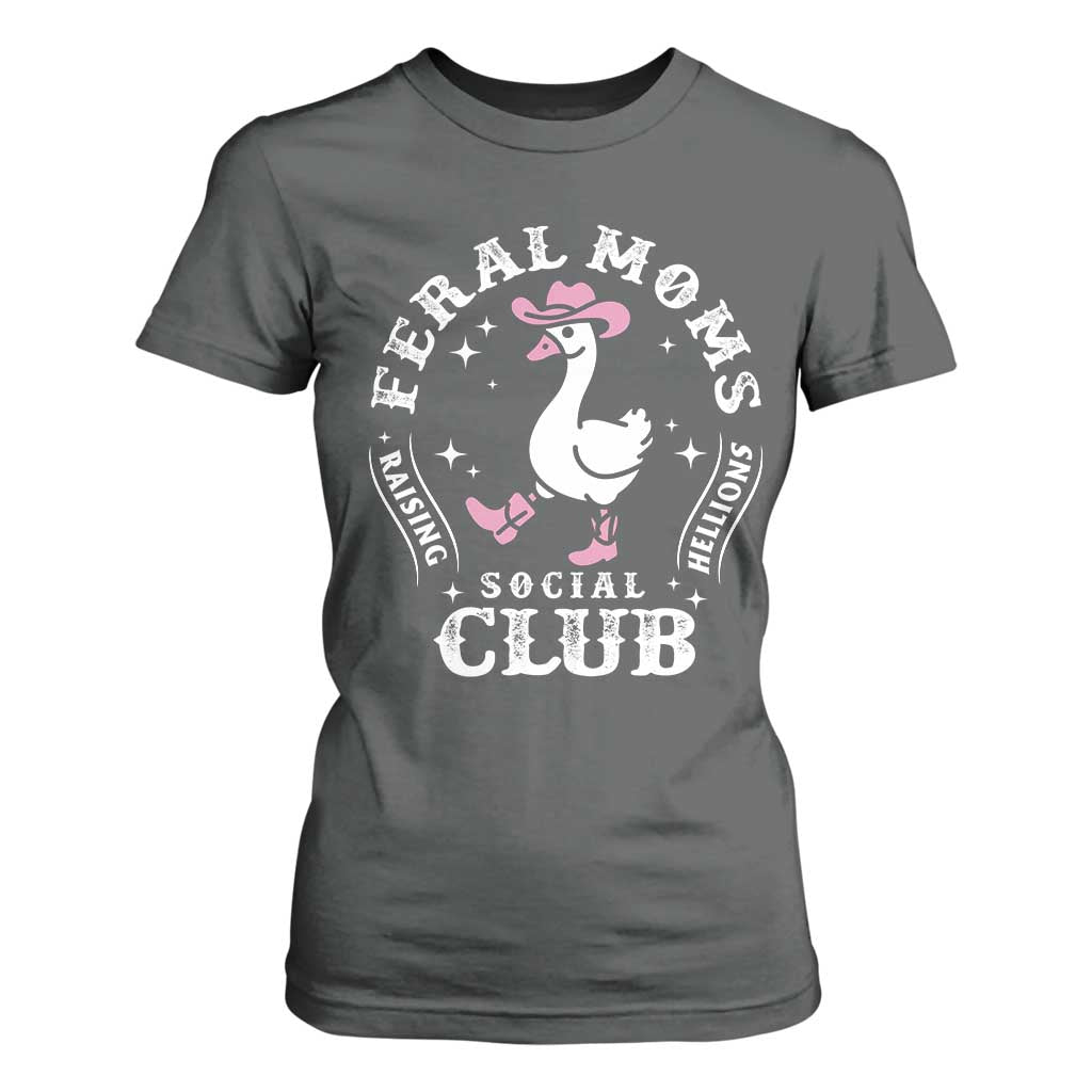 Feral Moms Raising Hellions Social Club T Shirt For Women Funny Goose Pink Cowgirl Boots Hat TS14 Dark Heather Print Your Wear
