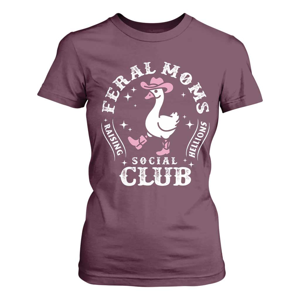 Feral Moms Raising Hellions Social Club T Shirt For Women Funny Goose Pink Cowgirl Boots Hat TS14 Maroon Print Your Wear