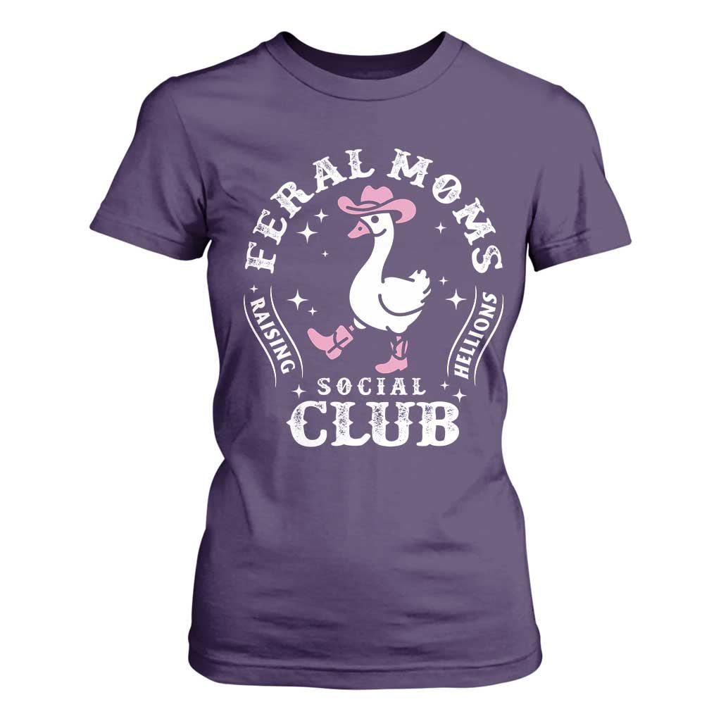 Feral Moms Raising Hellions Social Club T Shirt For Women Funny Goose Pink Cowgirl Boots Hat TS14 Purple Print Your Wear