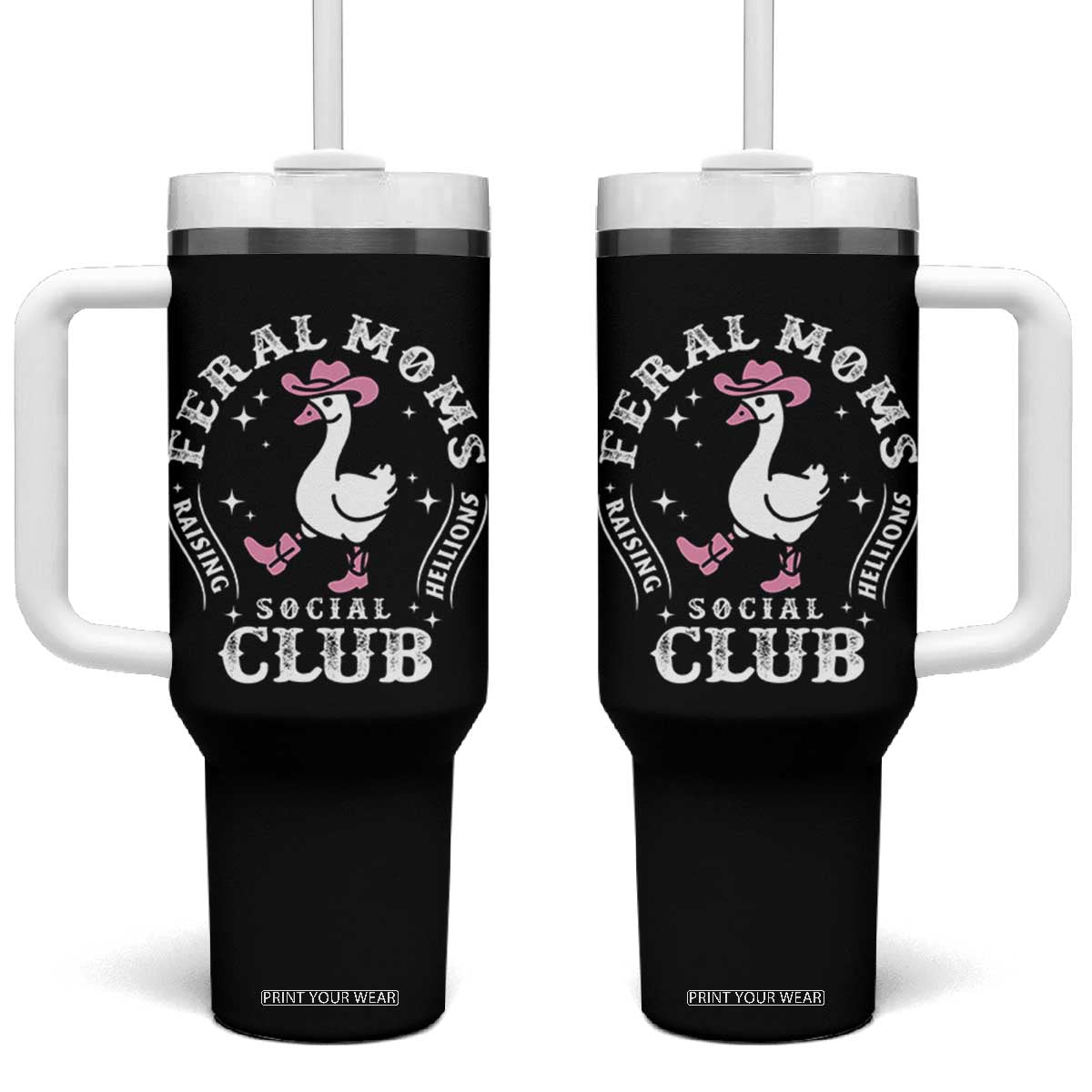 Feral Moms Raising Hellions Social Club Tumbler With Handle Funny Goose Pink Cowgirl Boots Hat TS14 One Size: 40 oz Black Print Your Wear