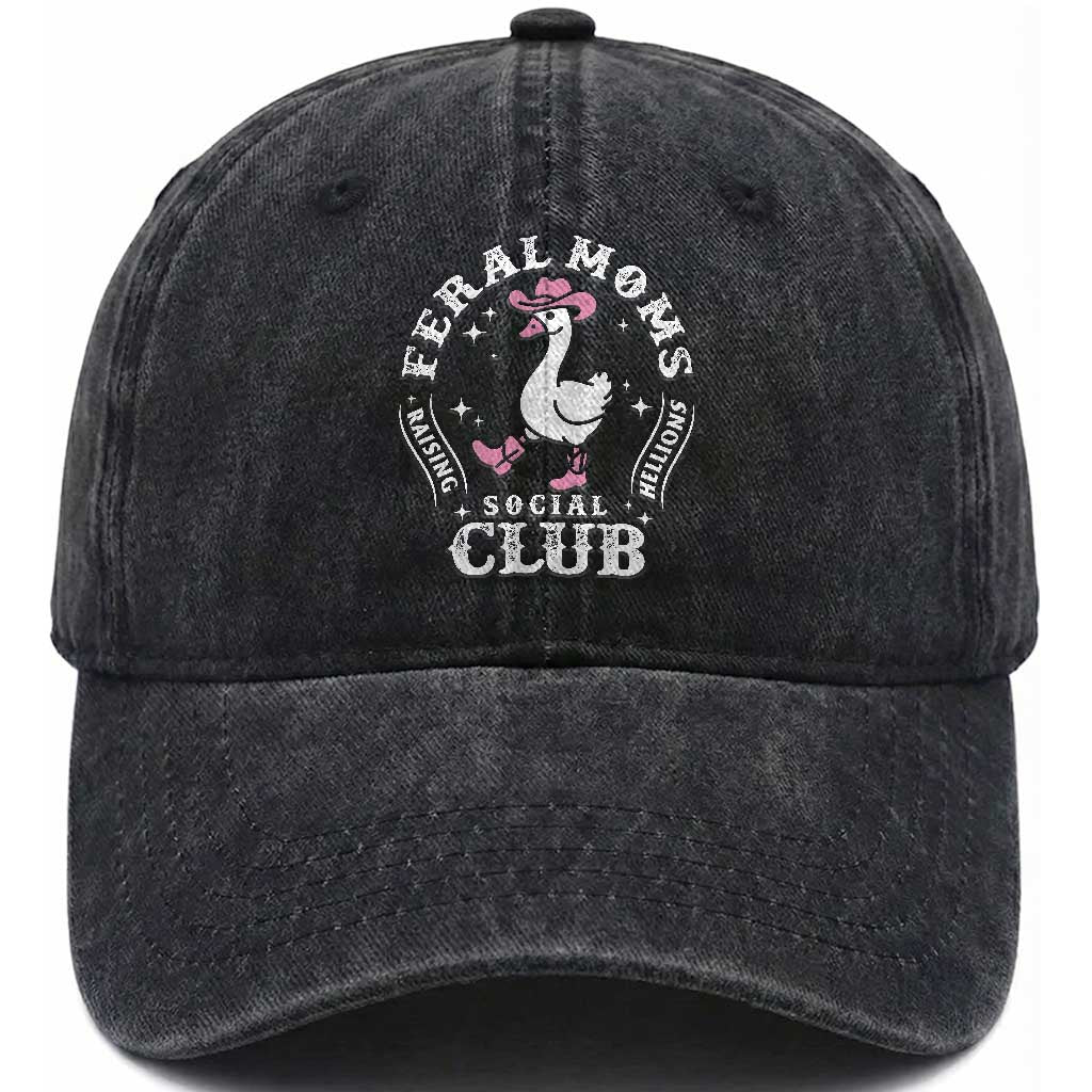 Feral Moms Raising Hellions Social Club Washed Cotton Baseball Cap Funny Goose Pink Cowgirl Boots Hat TS14 Print Your Wear