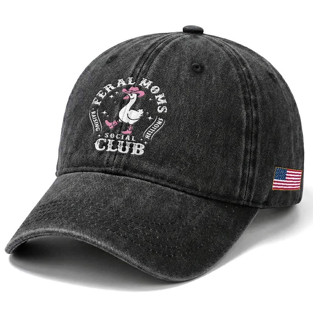 Feral Moms Raising Hellions Social Club Washed Cotton Baseball Cap Funny Goose Pink Cowgirl Boots Hat TS14 Print Your Wear
