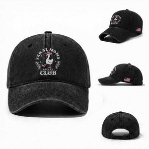 Feral Moms Raising Hellions Social Club Washed Cotton Baseball Cap Funny Goose Pink Cowgirl Boots Hat TS14 Washed Cap Universal Fit Black Print Your Wear