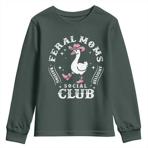 Feral Moms Raising Hellions Social Club Youth Sweatshirt Funny Goose Pink Cowgirl Boots Hat TS14 Dark Forest Green Print Your Wear