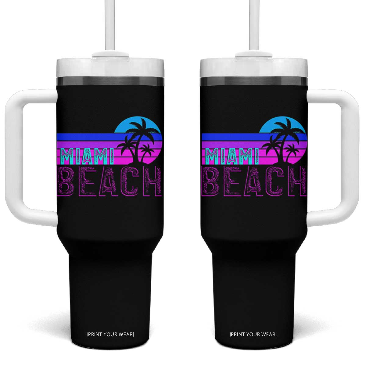 Vintage Miami Beach Tumbler With Handle Florida Proud Floridian Retro Palms Trees TS14 One Size: 40 oz Black Print Your Wear
