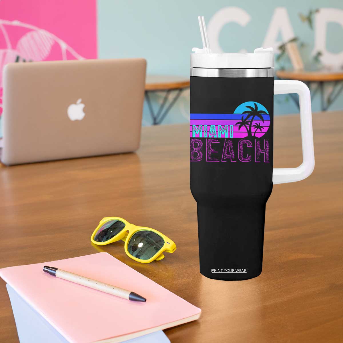 Vintage Miami Beach Tumbler With Handle Florida Proud Floridian Retro Palms Trees